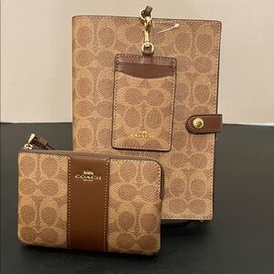 Coach Tan and Brown Signature Set Notebook, Corner Zip Wristlet,  Id Lanyard